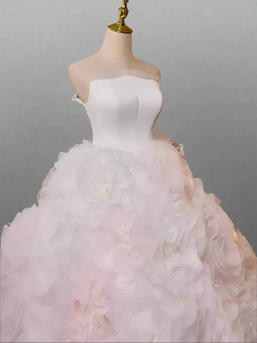 White Floral Ball Gown - Layered Tulle Ruffle Dress - Strapless Ball Gown Wedding Dress - Pink and White Floral Wedding Dress Plue Size - Image 4