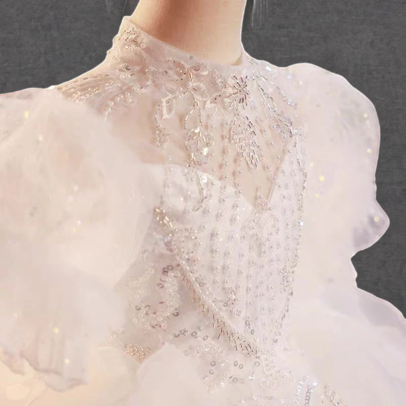 Fairy White High-Neck Ruffled Tulle Flower Girl Dress with Beaded Appliqué and Long Train - Plus Size - Image 5