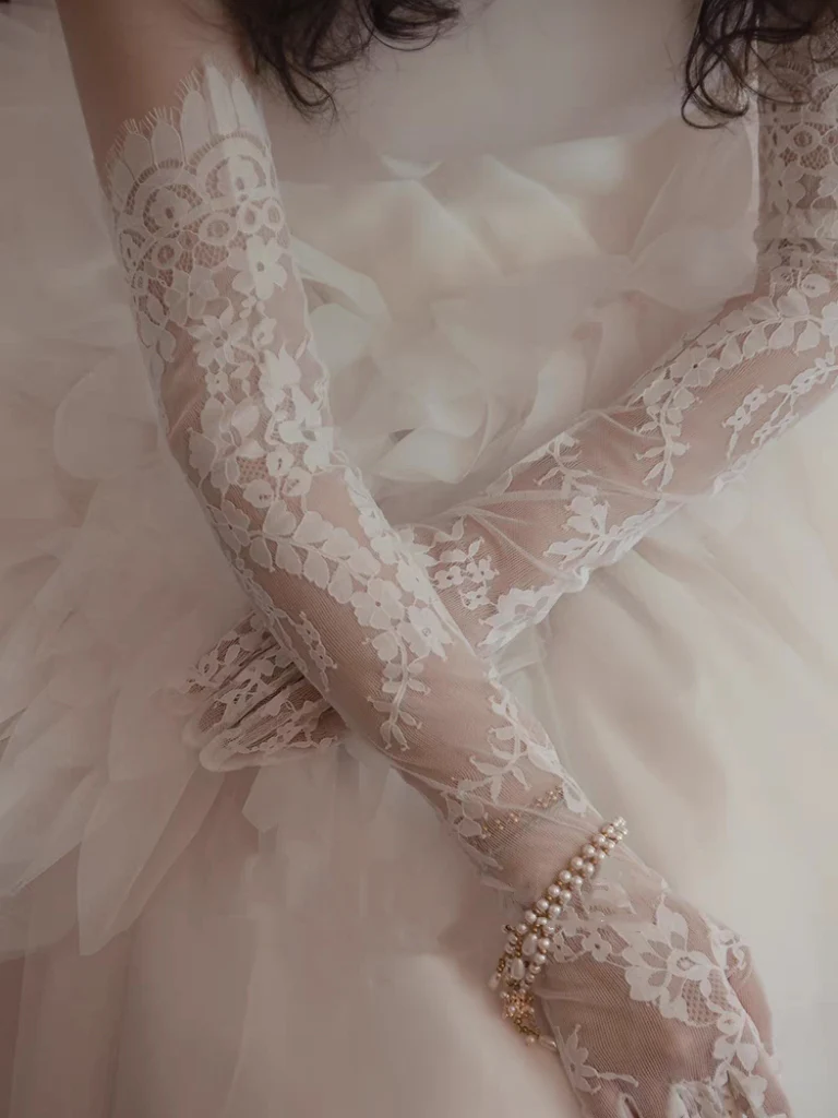 White Lace Embroidered Long Bridal Gloves with Sequin Details - Image 2