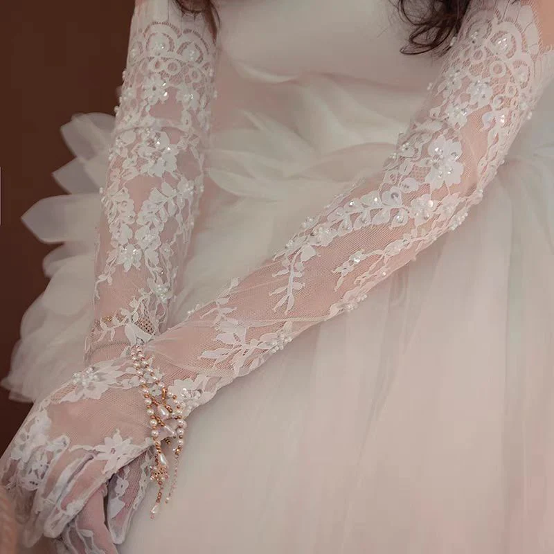 White Lace Embroidered Long Bridal Gloves with Sequin Details - Image 3