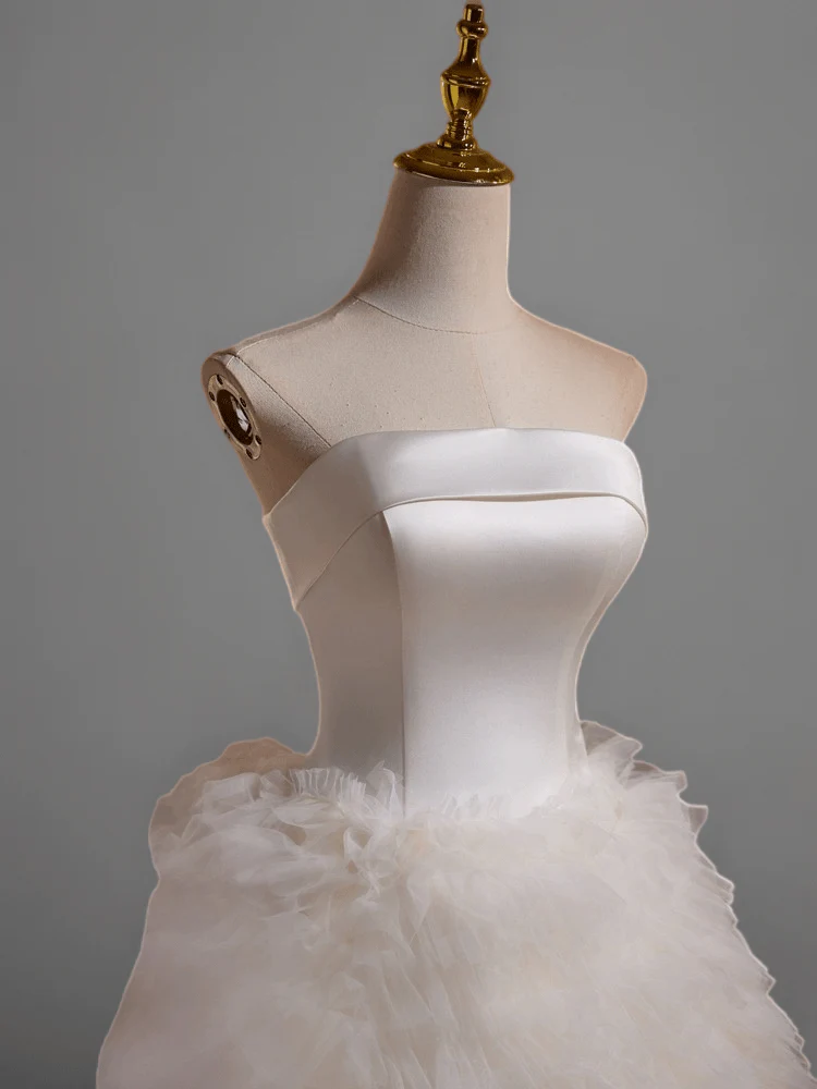 White Layered Tulle Ruffle Dress and Strapless Tea Length Bridal Dress - Elegant Corset Wedding Gown Plus Size - Image 5