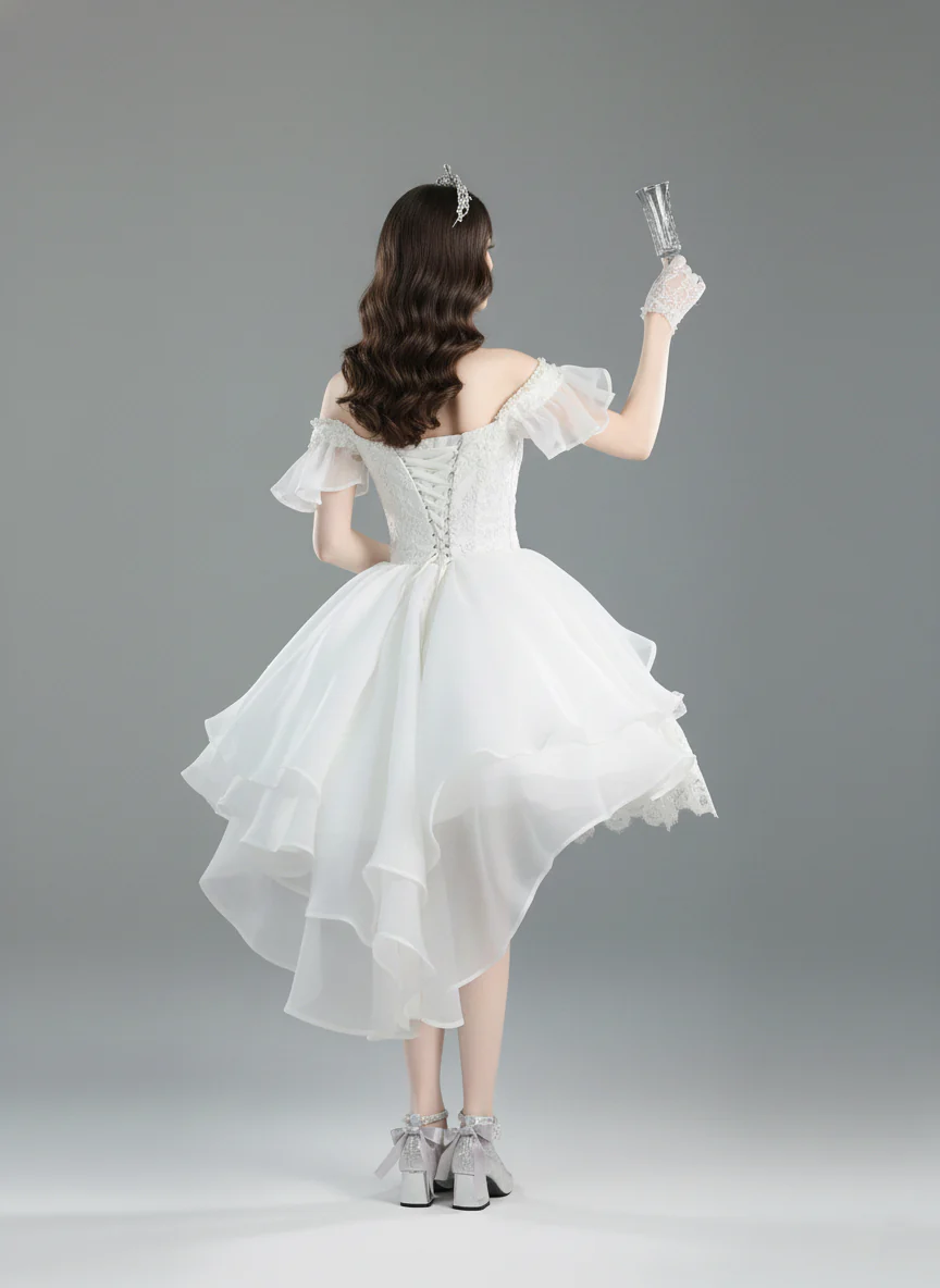 White Lolita Dress with Off-Shoulder - Short Evening Dress with Layered Ruffles – Lace Lolita Dress Plus Size - Image 6