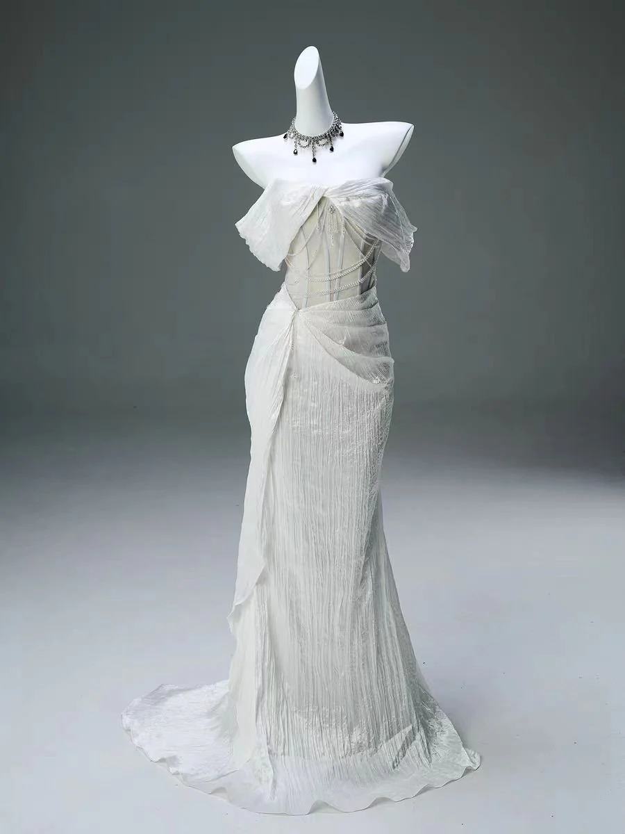 White Off-the-Shoulder Sheer Mermaid Tulle Evening Gown - Plus Size - Image 2