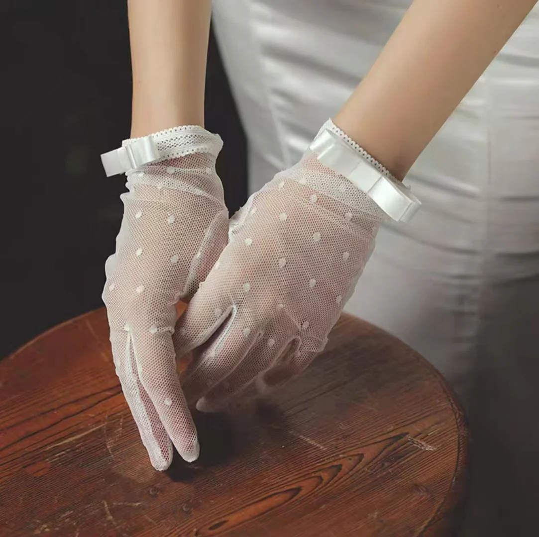 White Polka Dot Mesh Bridal Gloves with Bow Accent