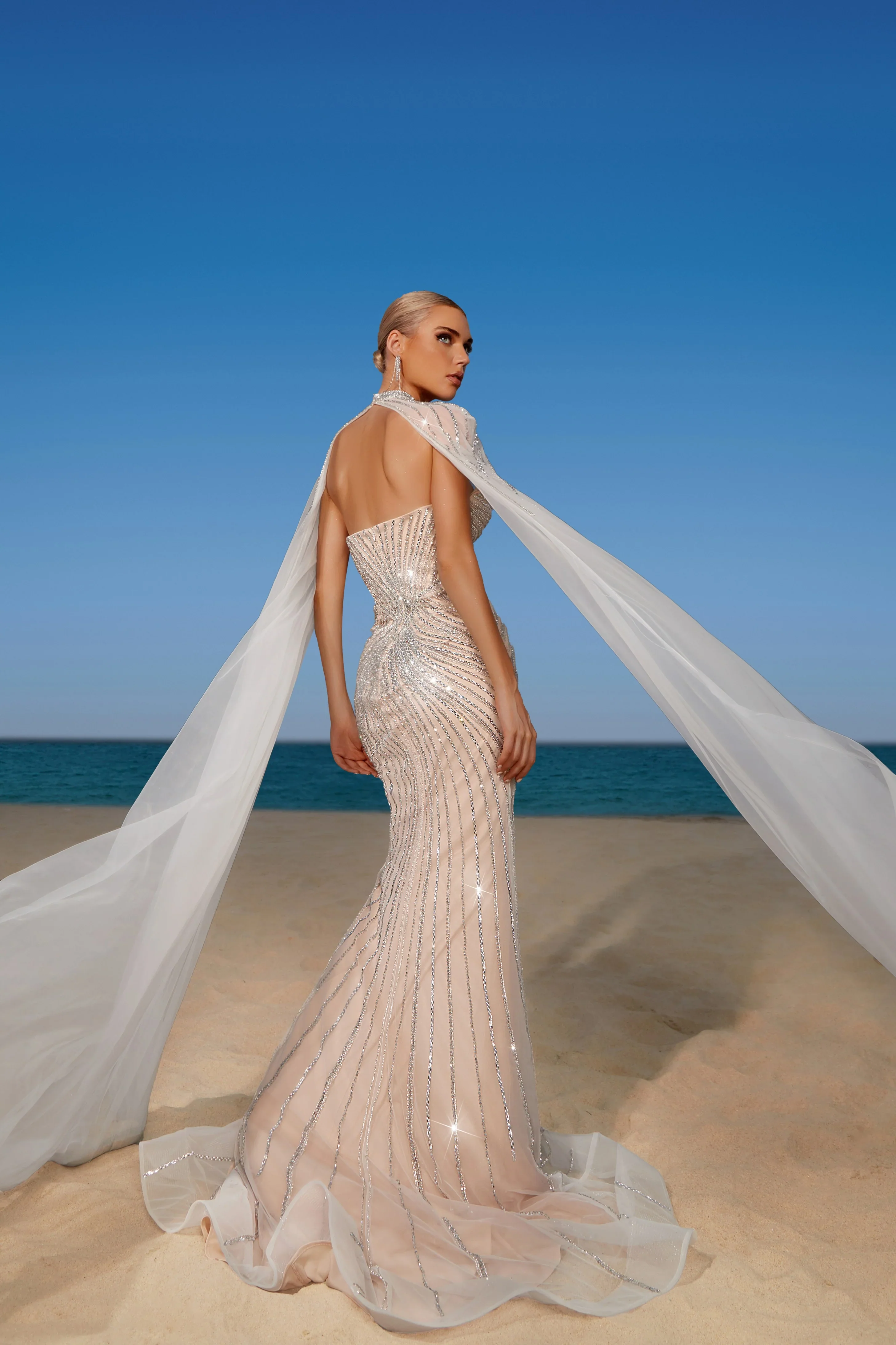 White Sequin Evening Dress with Cape Sleeves - White Sequin Prom Dress with High Neckline and Mermaid Silhouette - Embellished Gown Plus Size - Image 2