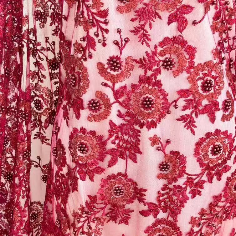 Wine Red Beaded Sequin Embroidered Lace Fabric - Image 2