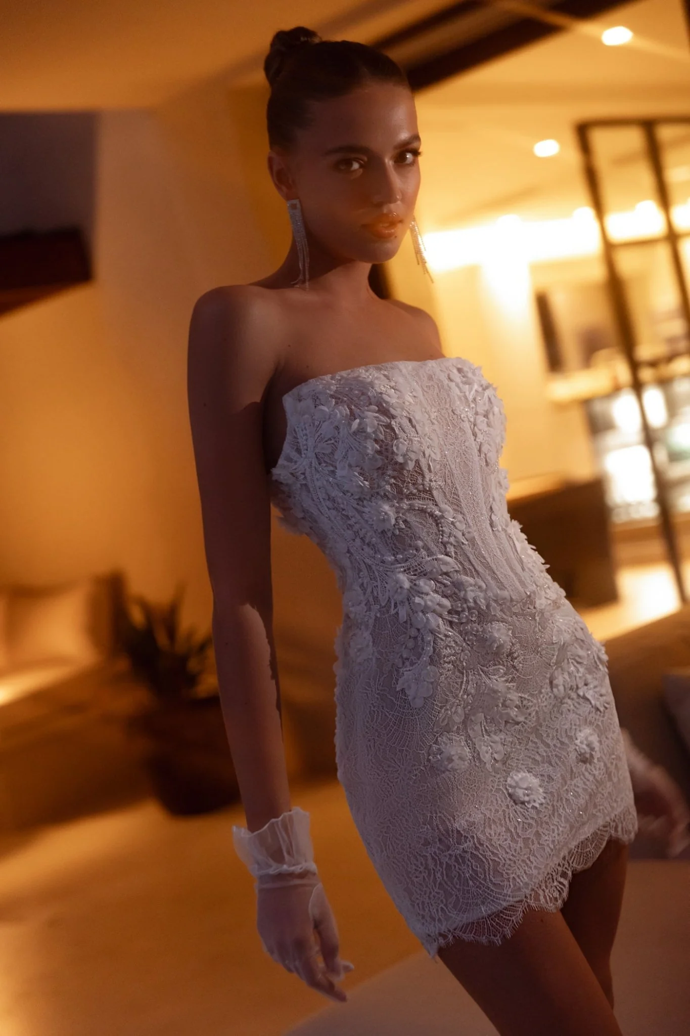 White Strapless Floral Lace Short Mini Wedding Dress with Embroidered Appliqués - Plus Size-Winona - Image 2