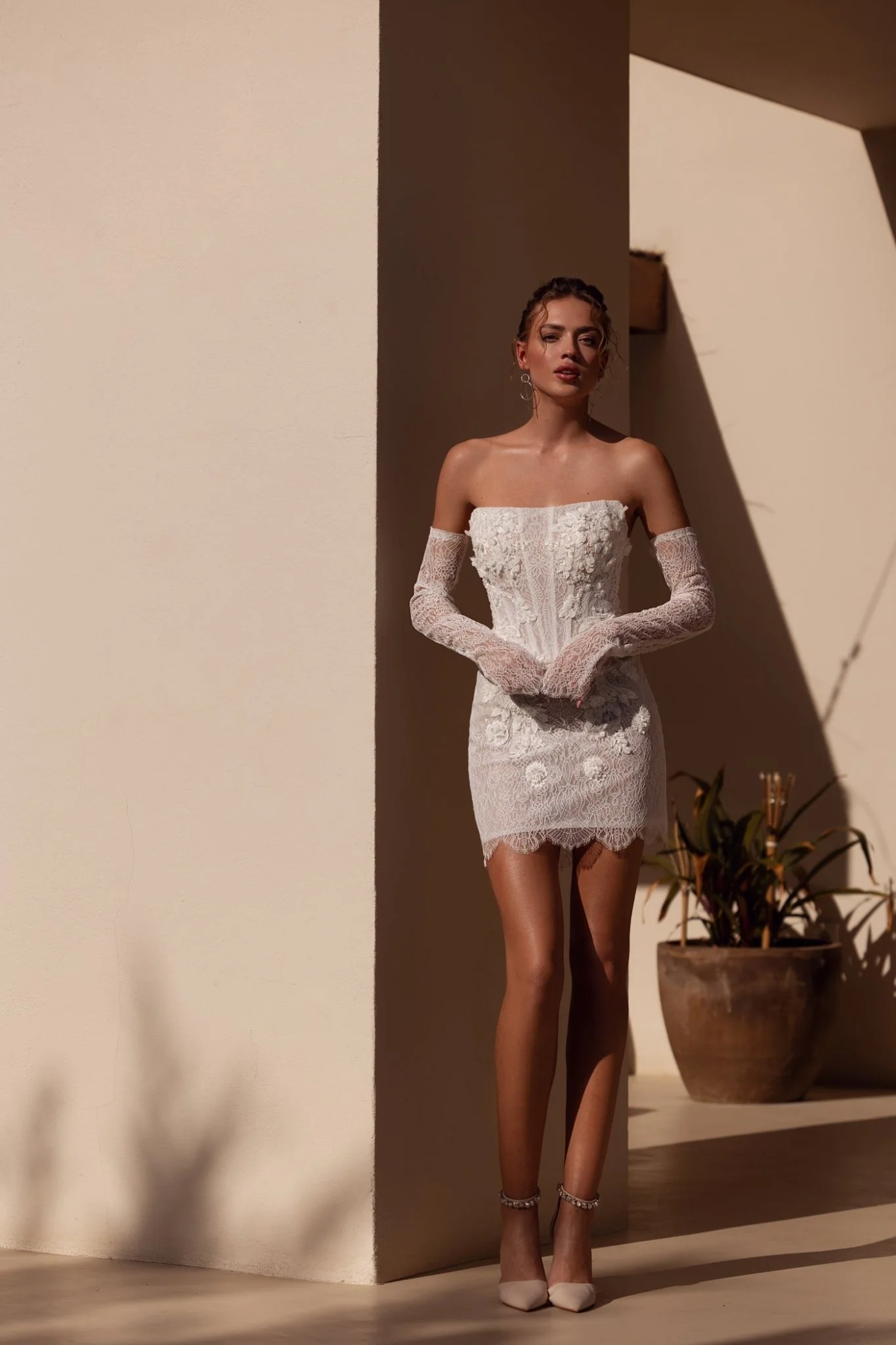 White Strapless Floral Lace Short Mini Wedding Dress with Embroidered Appliqués - Plus Size-Winona - Image 3