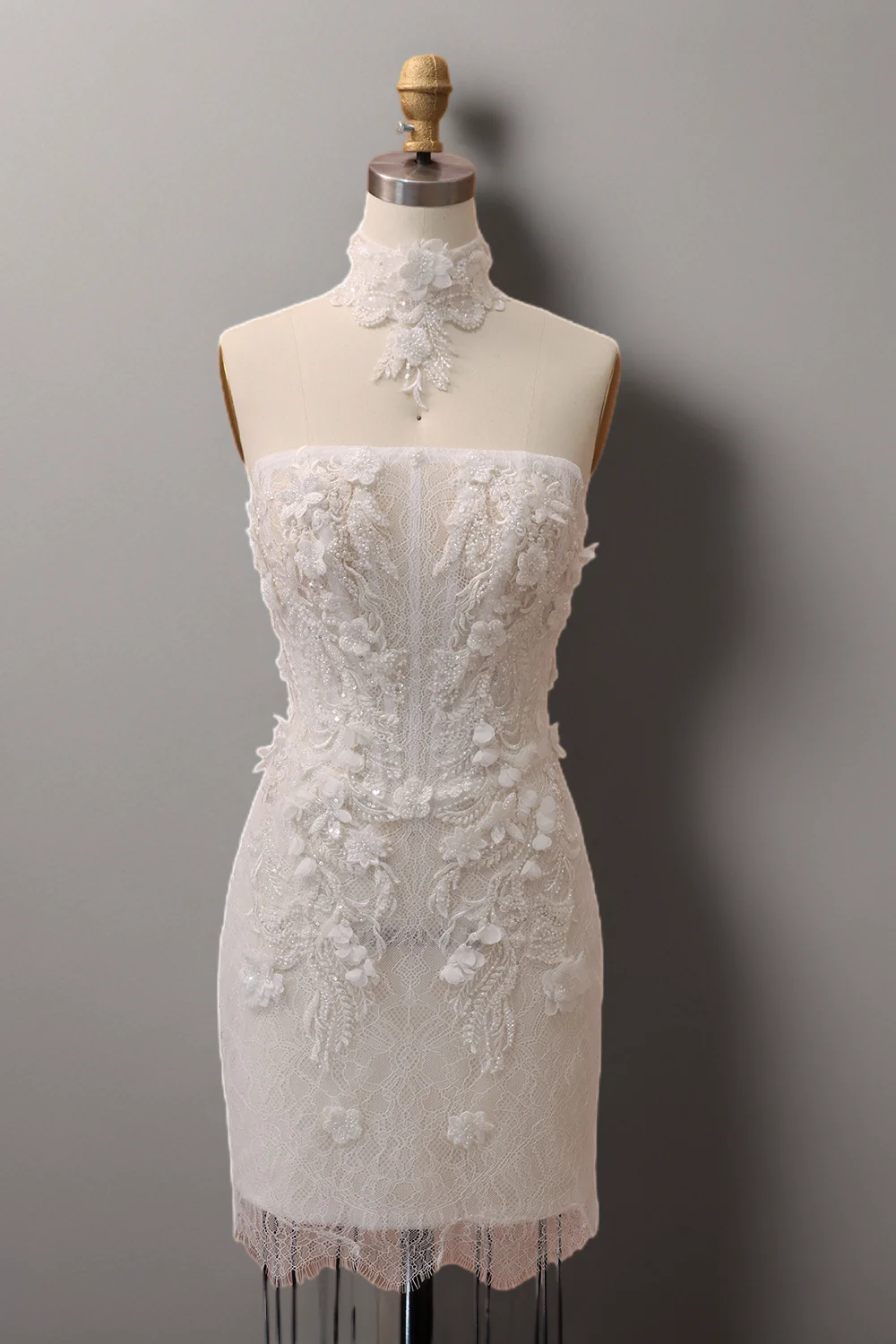 White Strapless Floral Lace Short Mini Wedding Dress with Embroidered Appliqués - Plus Size-Winona - Image 8